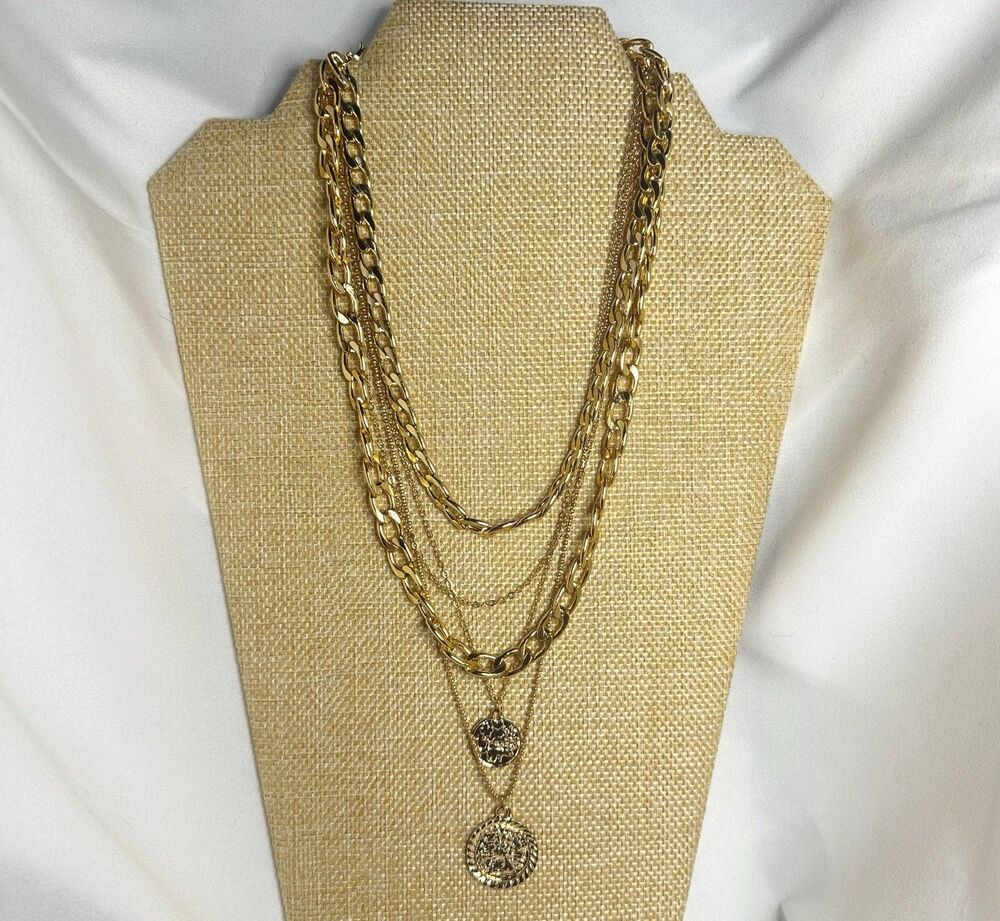 Layered Gold Tone Layered Coin Medallion Chain Necklace Multi Strand Statement